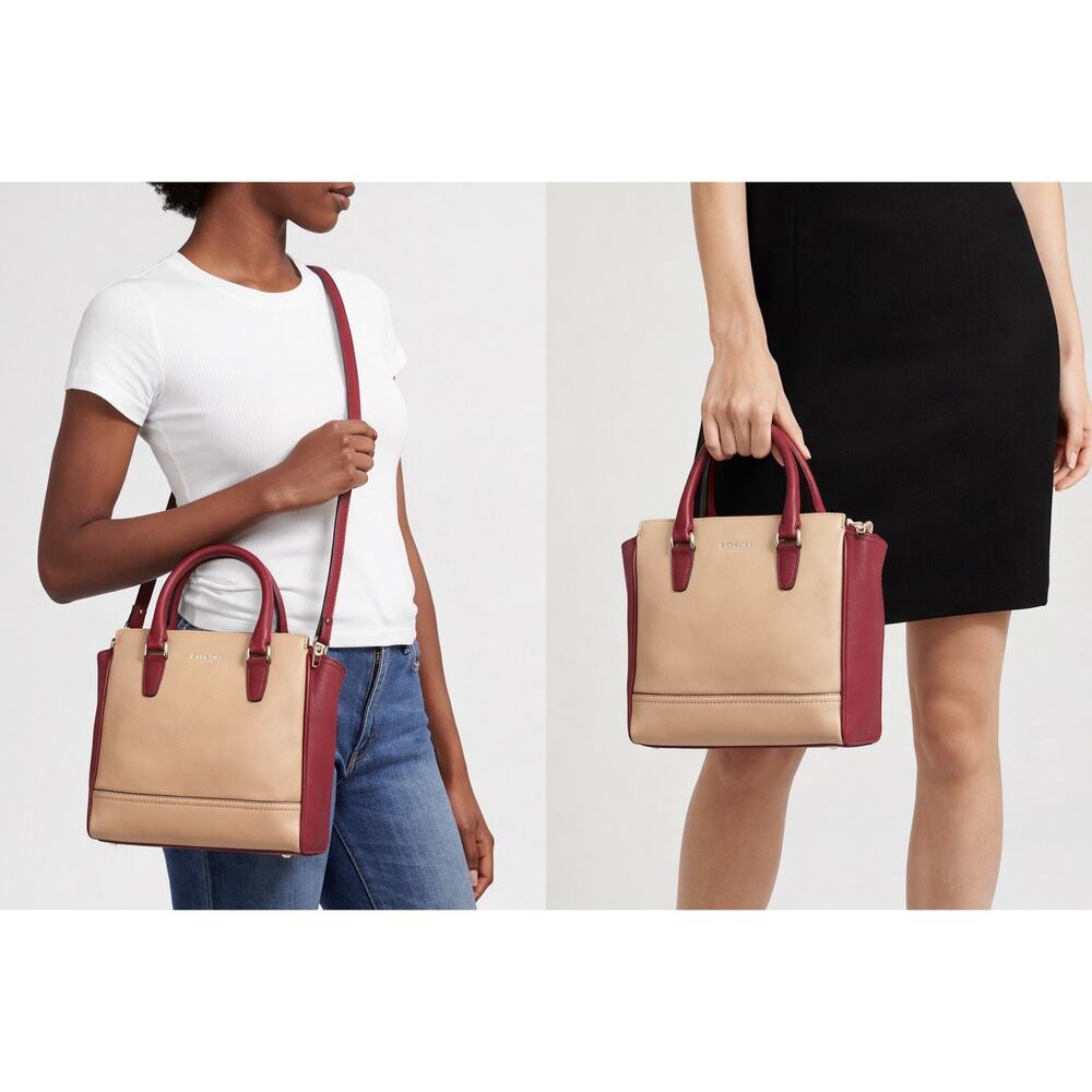 Coach Burgundy & Beige Leather Crossbody Satchel w/ Top Handles & Strap